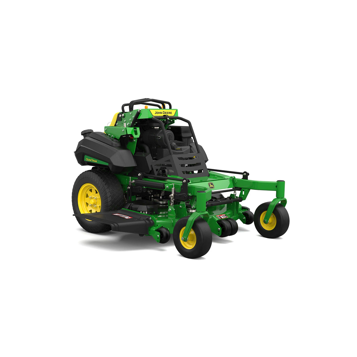 A front-left-facing studio shot of a green stand-on mower on a white background.