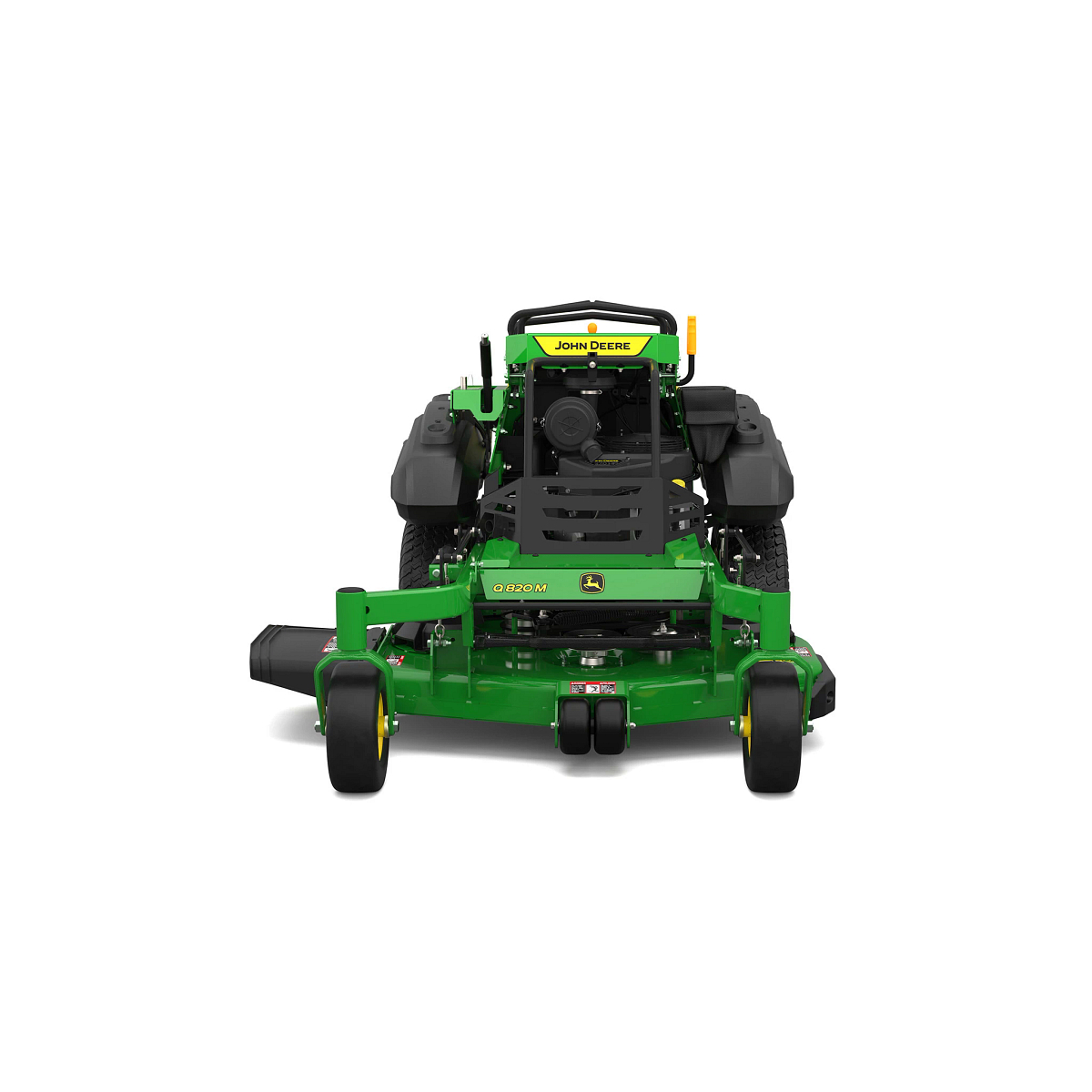 A front-left-facing studio shot of a green stand-on mower on a white background.