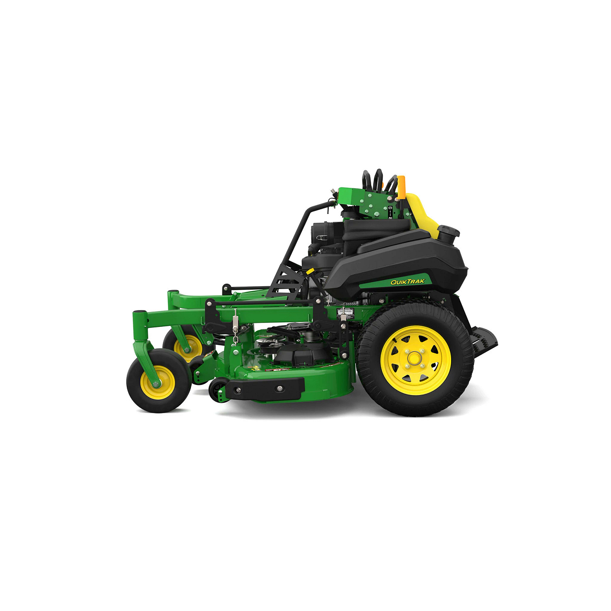 A front-left-facing studio shot of a green stand-on mower on a white background.