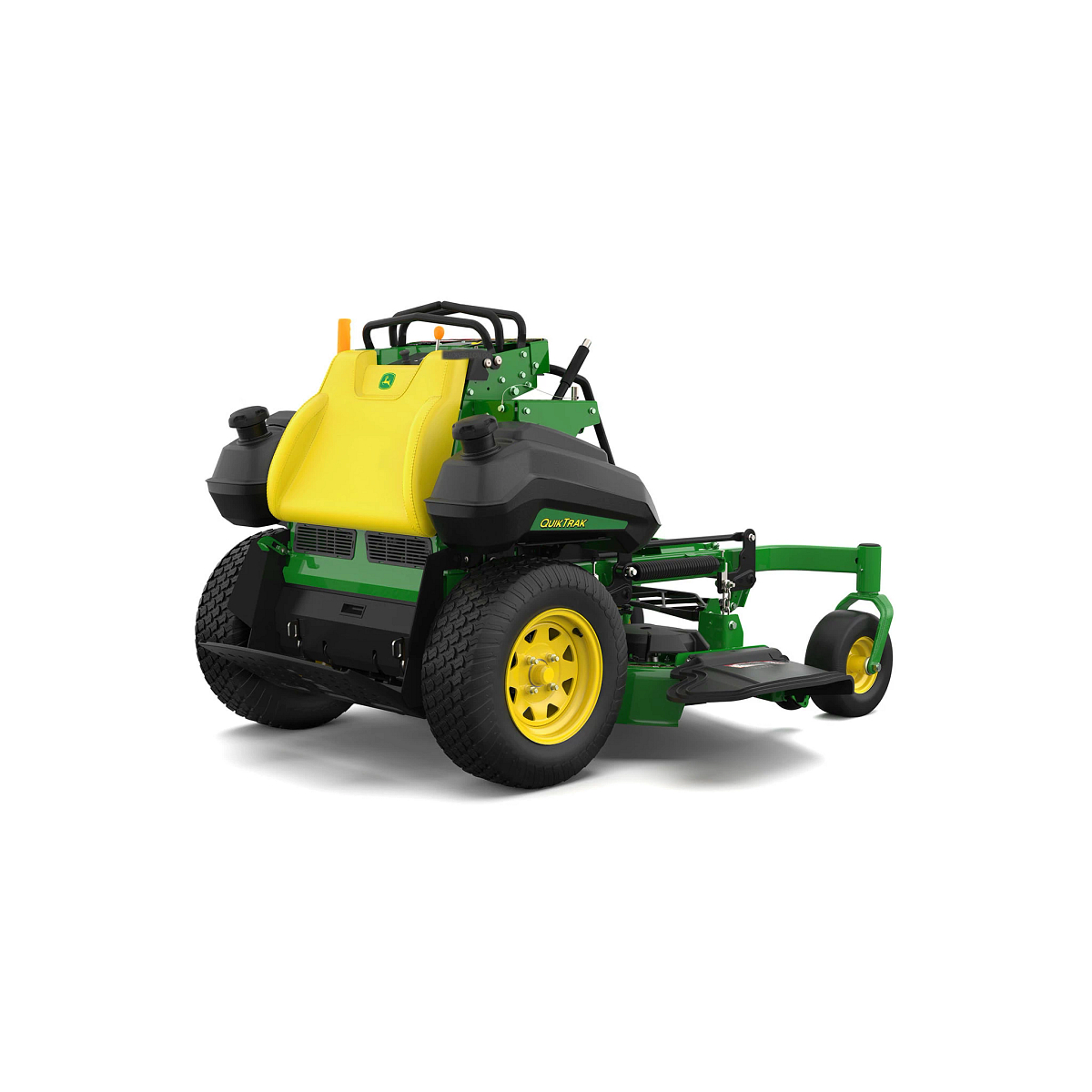 A front-left-facing studio shot of a green stand-on mower on a white background.