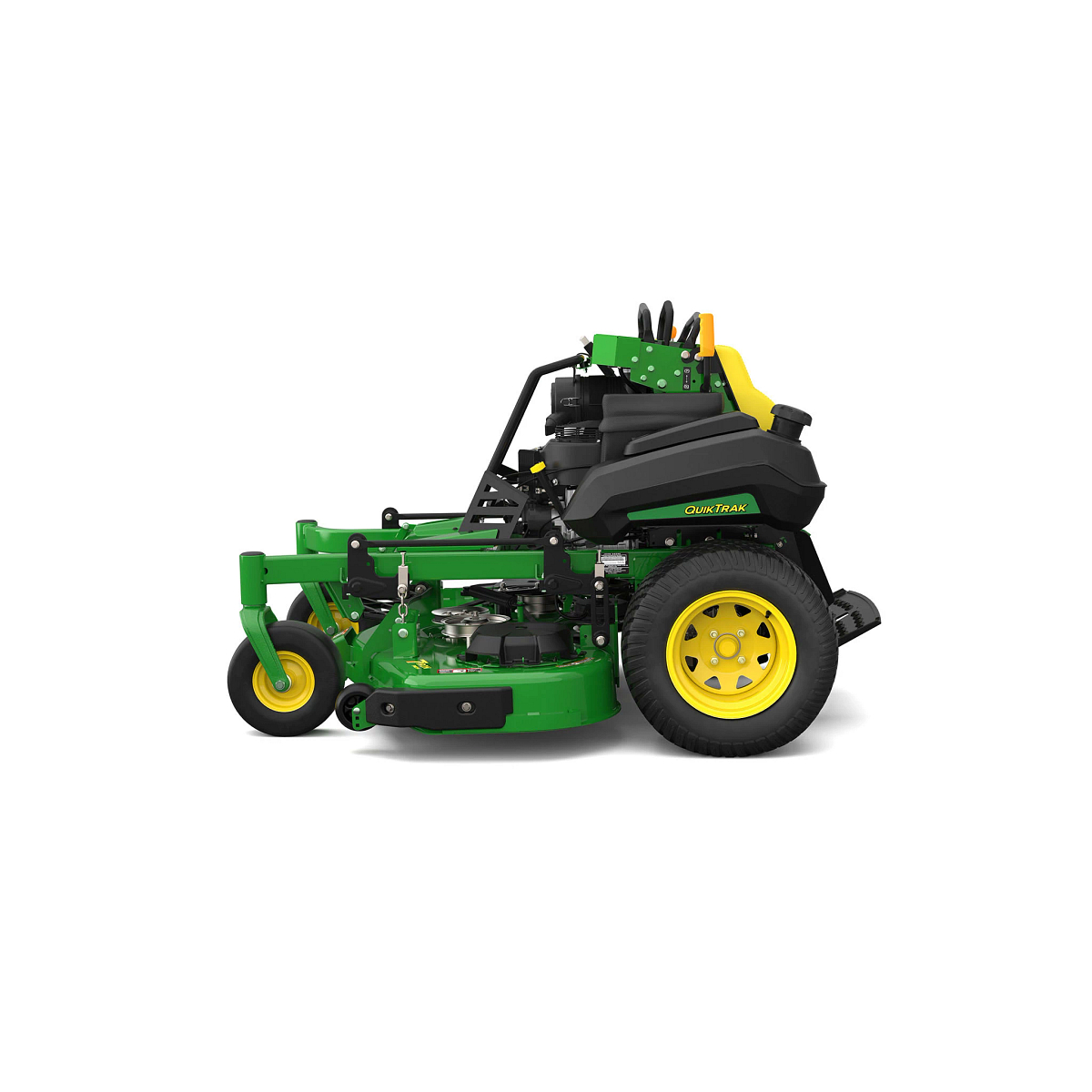 A front-left-facing studio shot of a green stand-on mower on a white background.