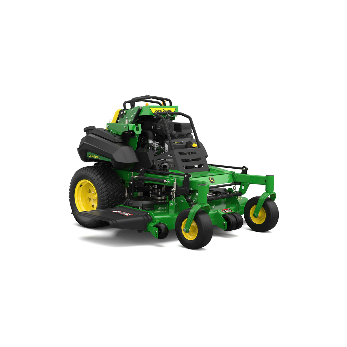 A front-left-facing studio shot of a green stand-on mower on a white background.