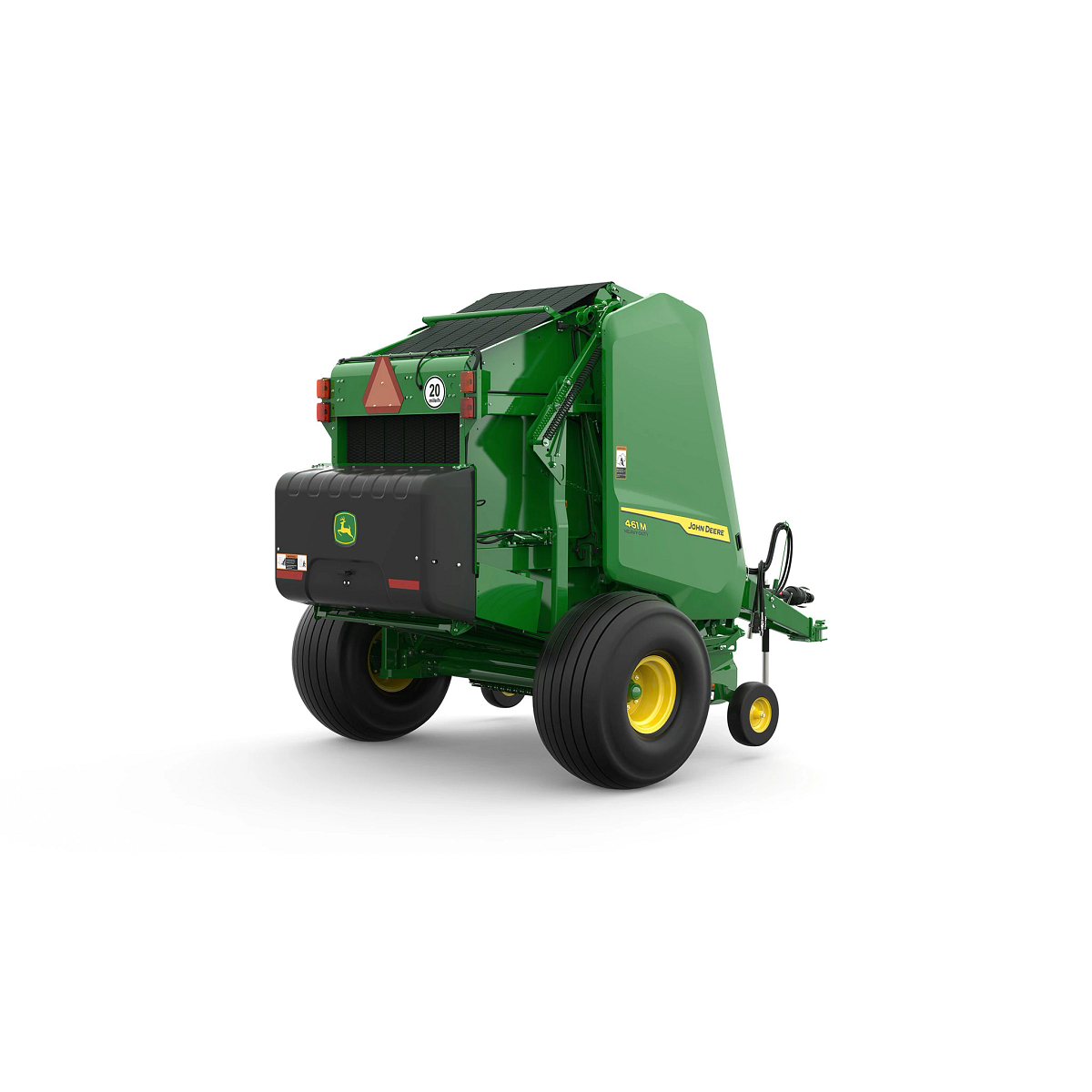 Studio rendering of 461M round baler shown from a rear three-quarter angle on a white background, featuring a green body, yellow wheels, rear storage compartment, warning markings, and front tow hitch