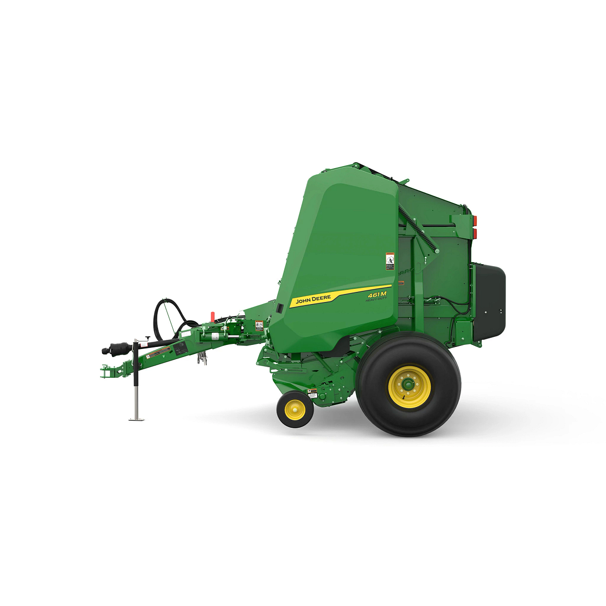 Studio rendering of 461M round baler shown in left-side profile on a white background, featuring a green body, yellow wheels, rear bale chamber, pickup assembly, and front tow hitch