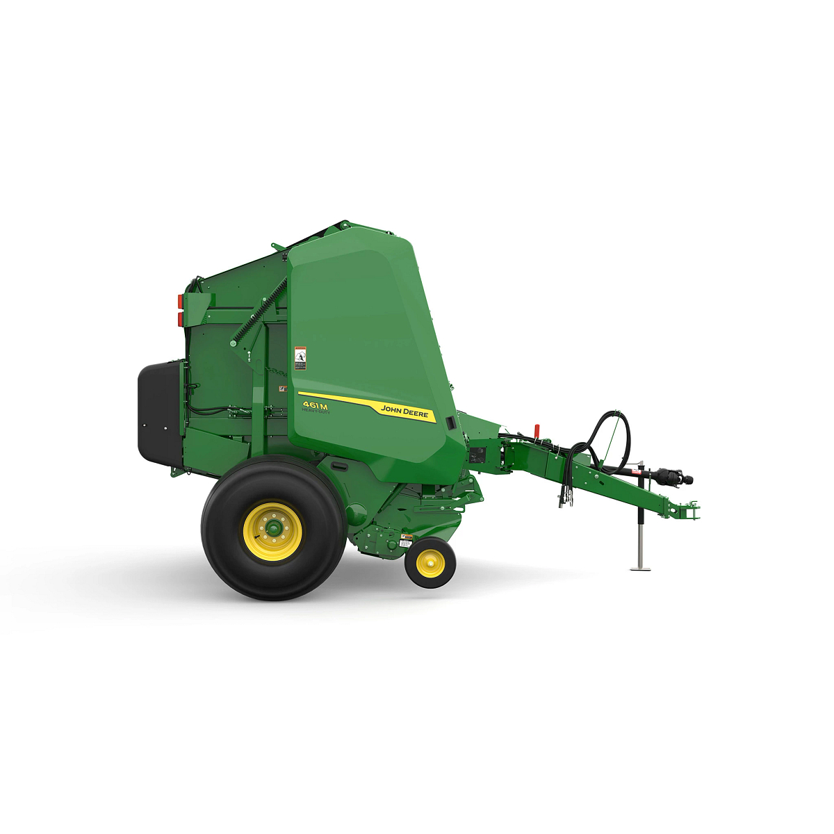 Studio rendering of 461M round baler shown in right-side profile on a white background, featuring a green body, yellow wheels, pickup assembly, and front tow hitch