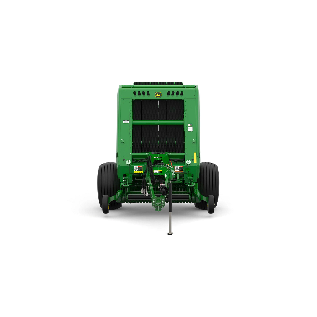 Studio rendering of 461M round baler shown from the front on a white background, featuring a green body, dual large tires, visible pickup assembly, bale chamber opening, and front tow hitch
