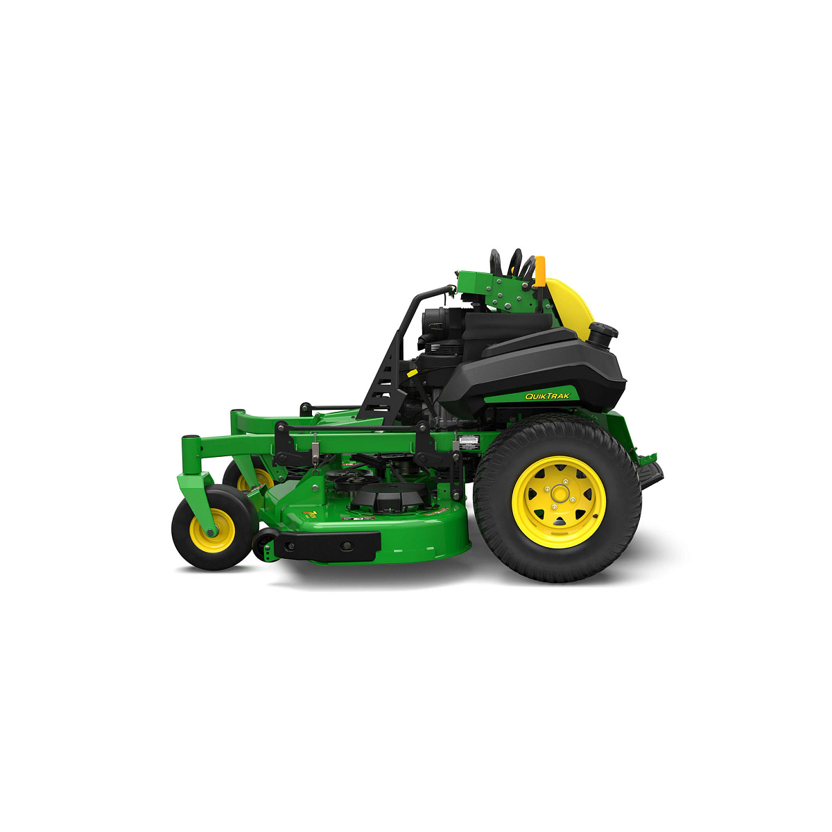 A front-left-facing studio shot of a green stand-on mower on a white background.