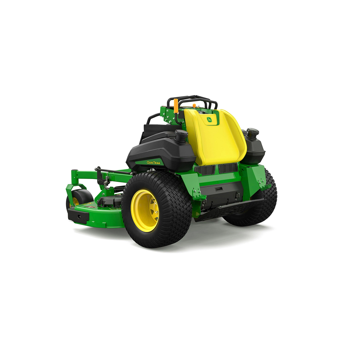 A front-left-facing studio shot of a green stand-on mower on a white background.