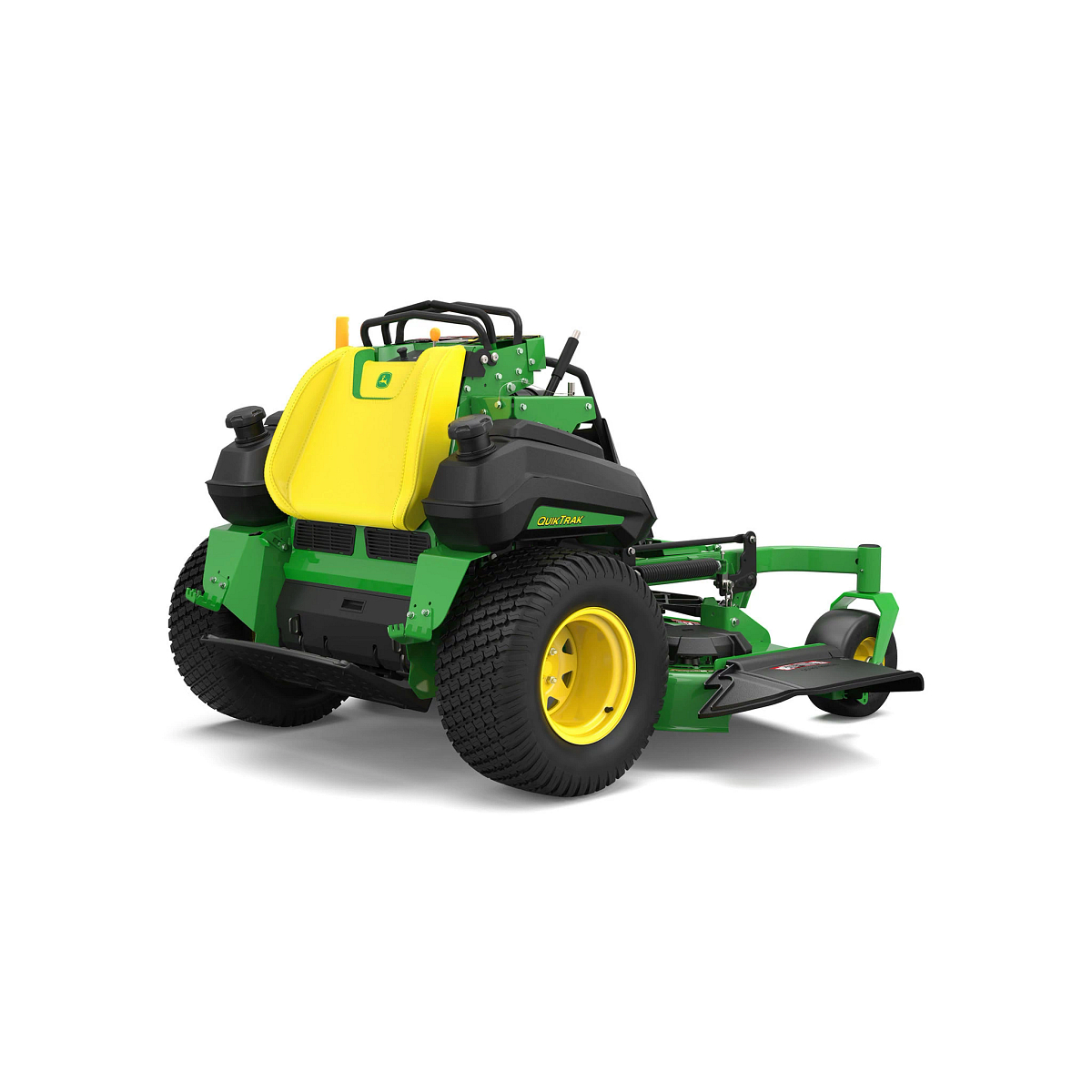 A front-left-facing studio shot of a green stand-on mower on a white background.