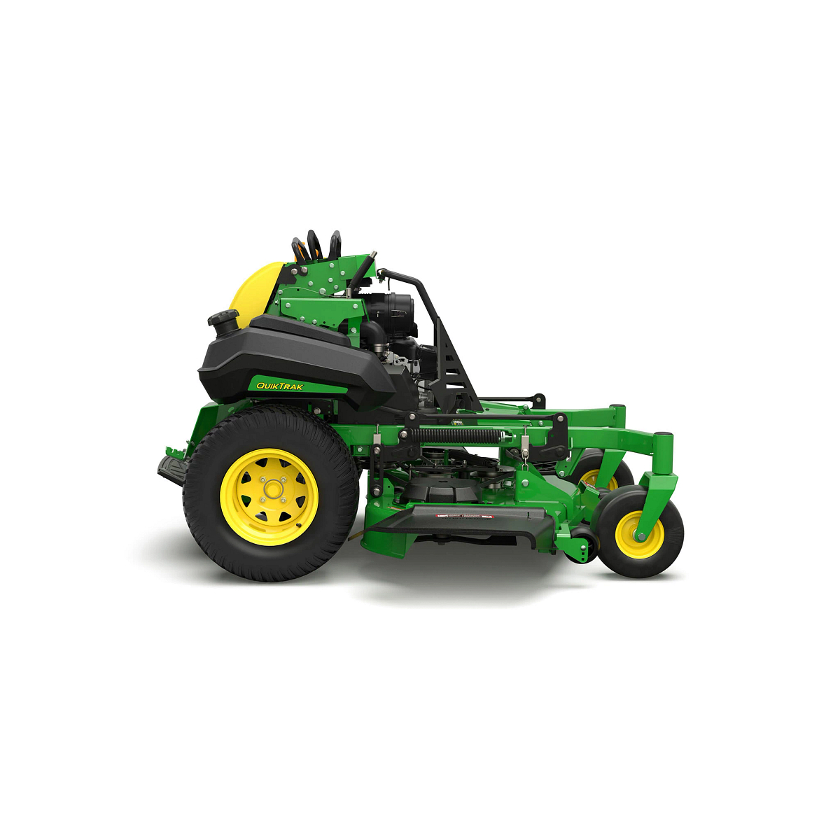A front-left-facing studio shot of a green stand-on mower on a white background.