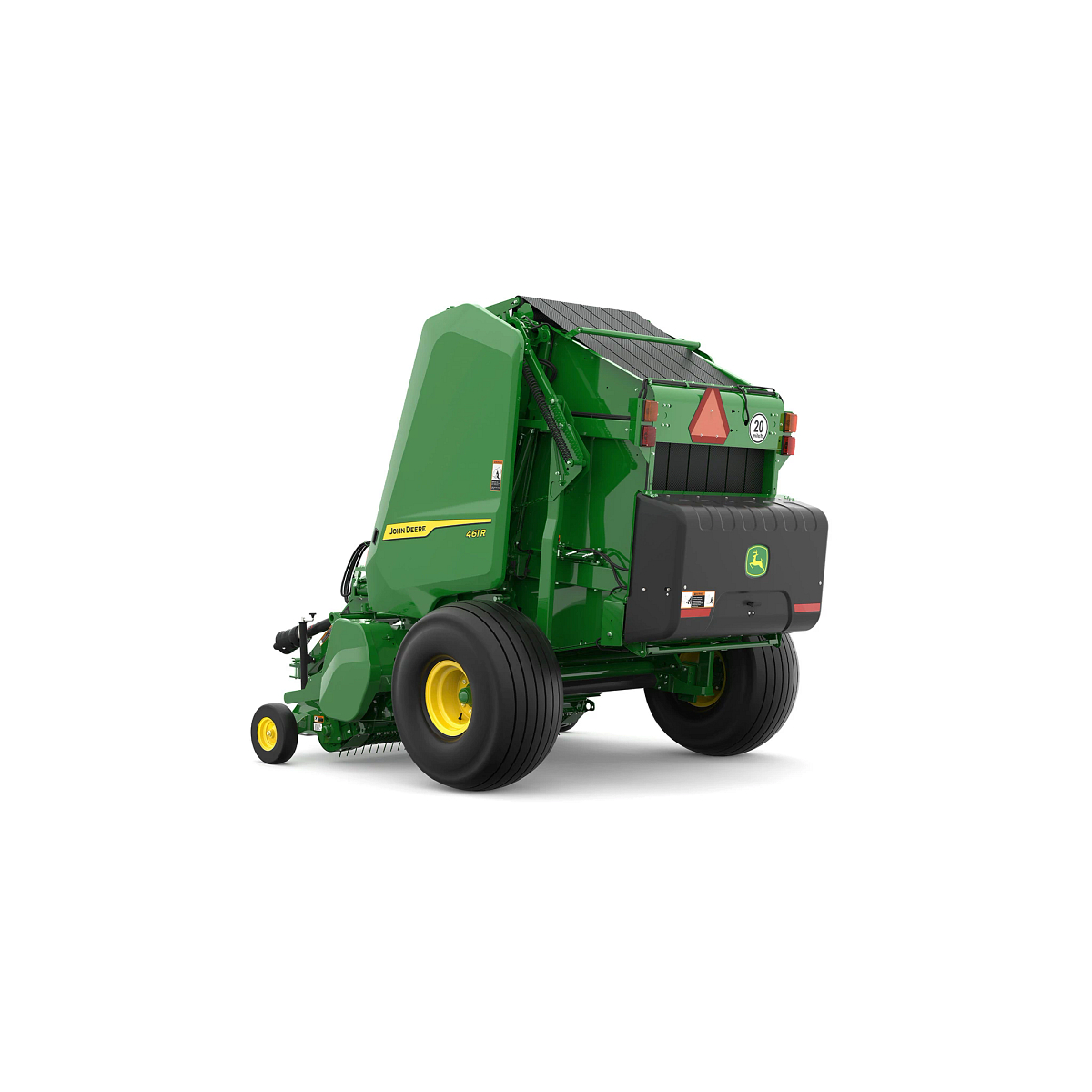 Studio rendering of 461R round baler shown from a rear three-quarter angle on a white background, featuring a green body, yellow wheels, rear compartment with John Deere logo, bale chamber, and enclosed pickup assembly
