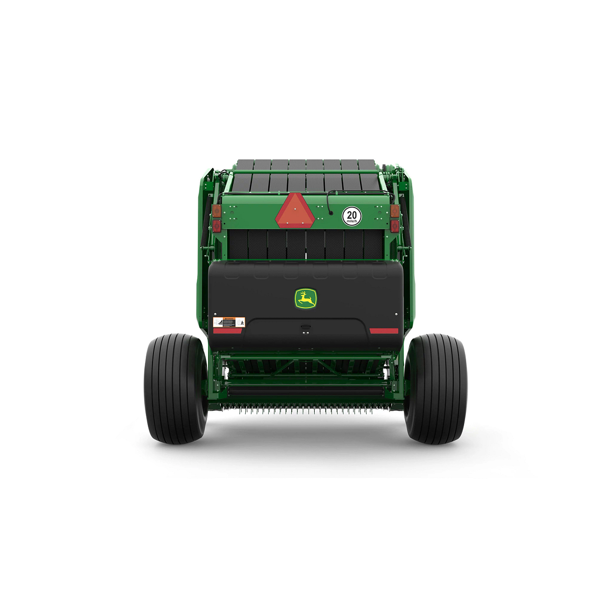 Studio rendering of 561M round baler shown from the rear on a white background, featuring a green body, large black tires, rear compartment with John Deere logo, safety reflector, warning markings, and visible bale chamber belts.