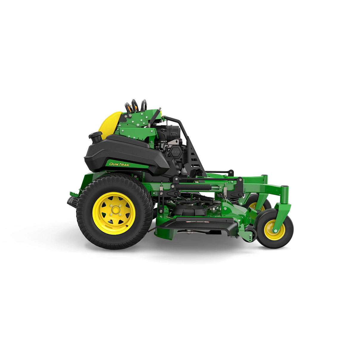 A front-left-facing studio shot of a green stand-on mower on a white background.
