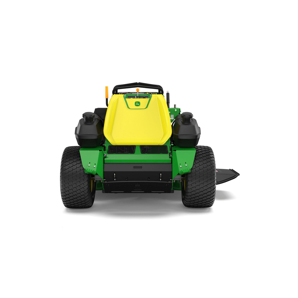 A front-left-facing studio shot of a green stand-on mower on a white background.