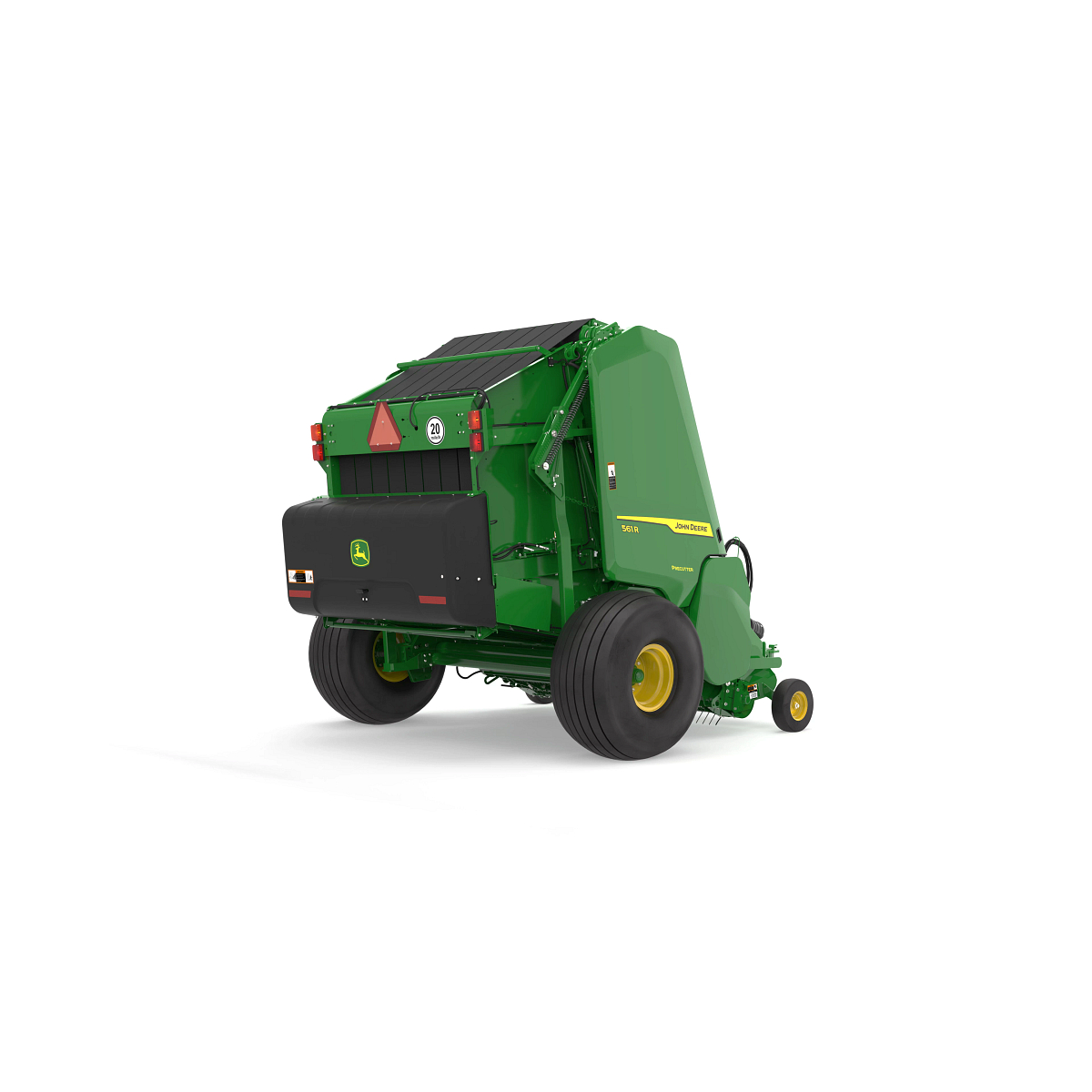 Rear three-quarter view of a John Deere 561R round baler with Precutter, featuring a green body, yellow wheels, rear safety markings, and black bale discharge panel on a white background