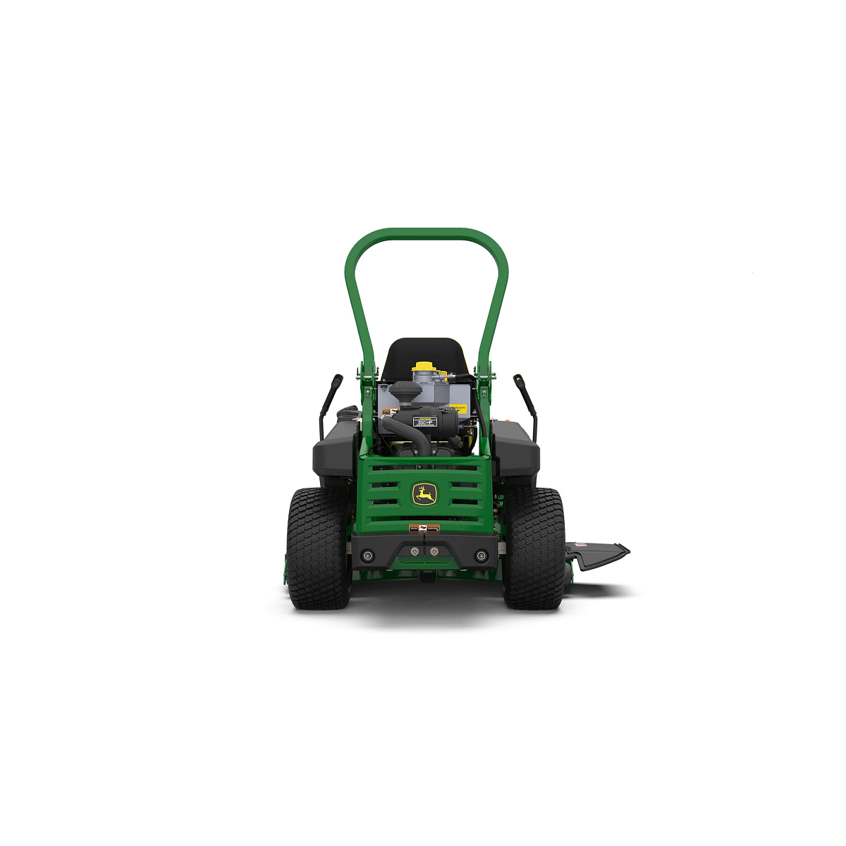 A rear-facing studio shot of a green zero-turn mower with a yellow seat on a white background.