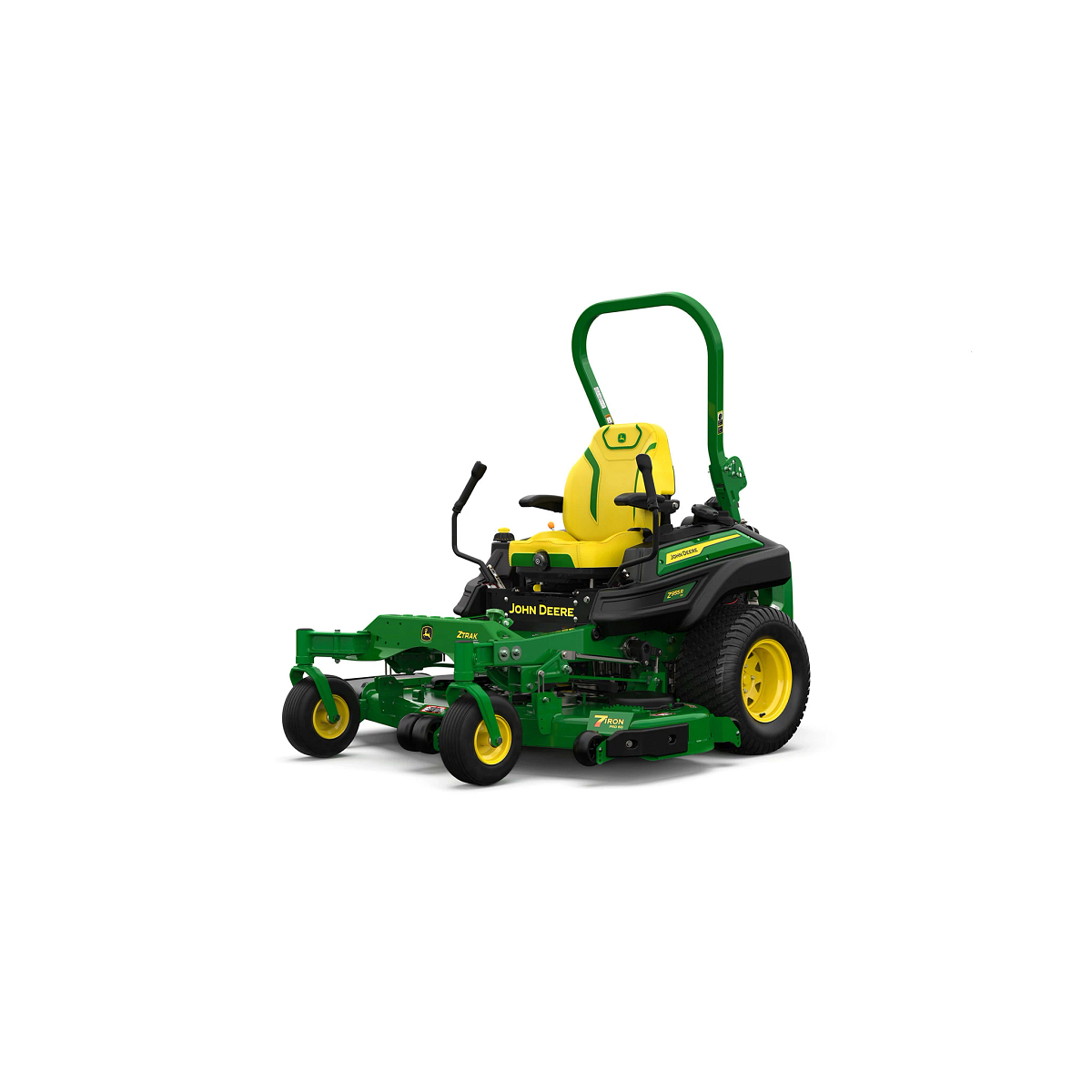 A front-left-facing studio shot of a green zero-turn mower with a yellow seat on a white background.