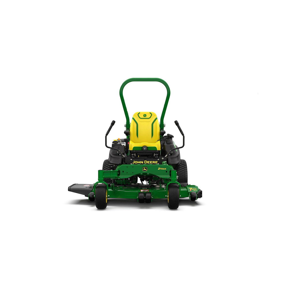 A front-facing studio shot of a green zero-turn mower with a yellow seat on a white background.