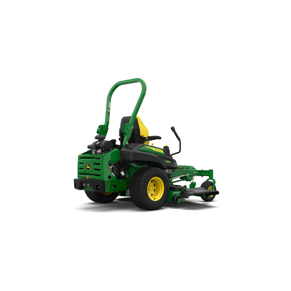 A rear-right-facing studio shot of a green zero-turn mower with a yellow seat on a white background.