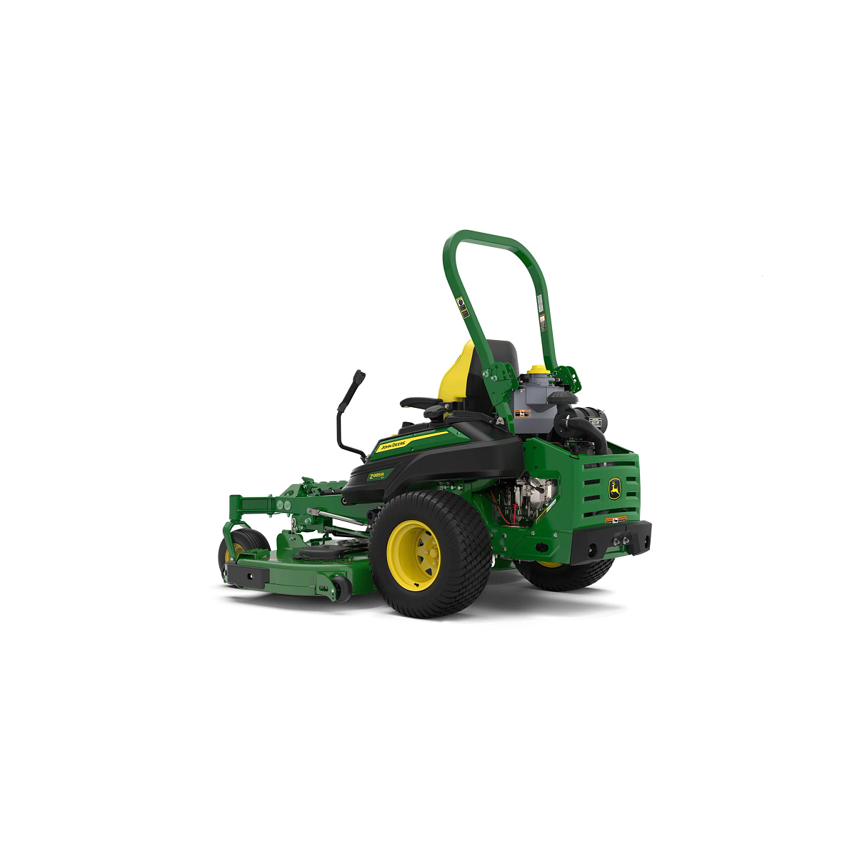 A rear-left-facing studio shot of a green zero-turn mower with a yellow seat on a white background.