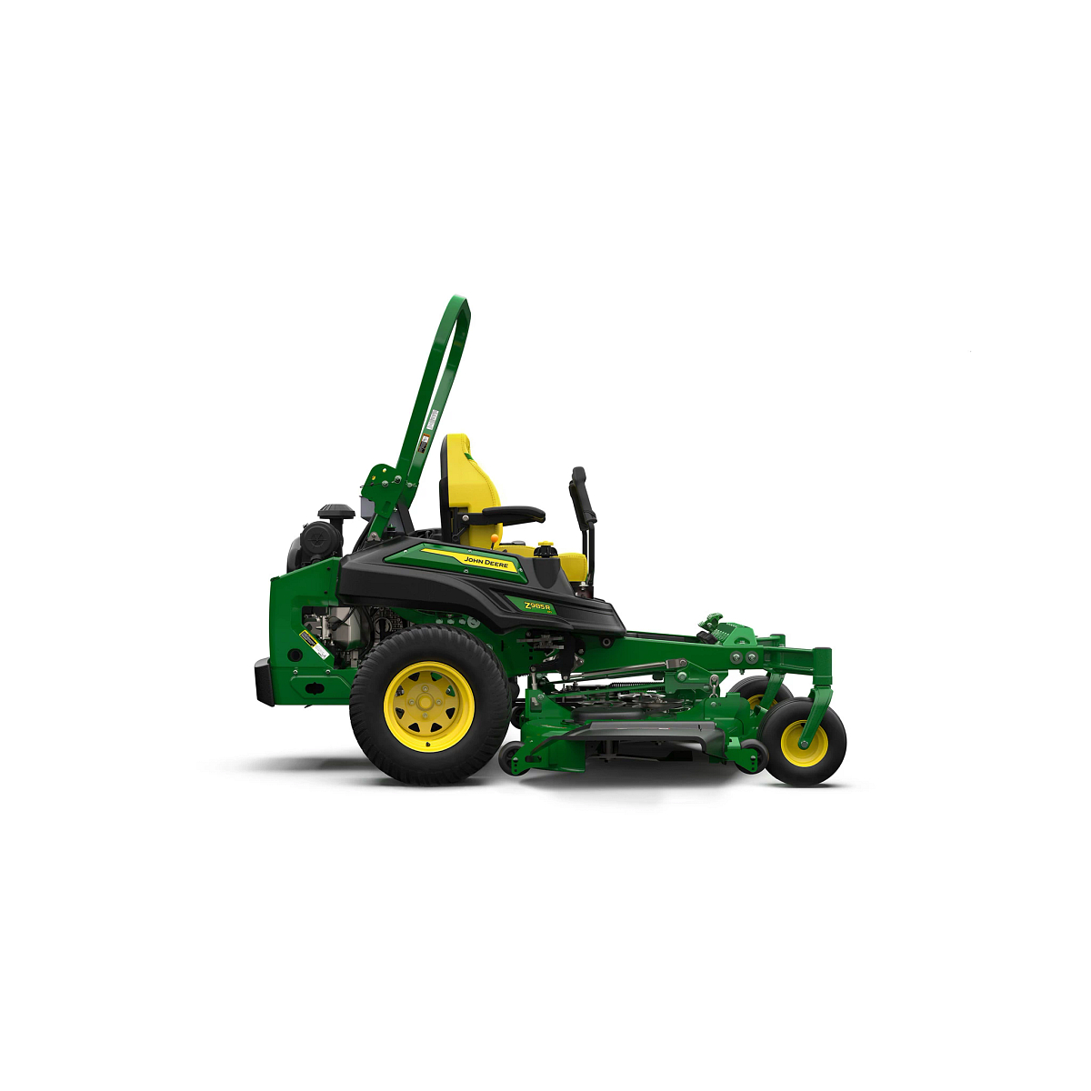 A right-facing studio shot of a green zero-turn mower with a yellow seat on a white background.