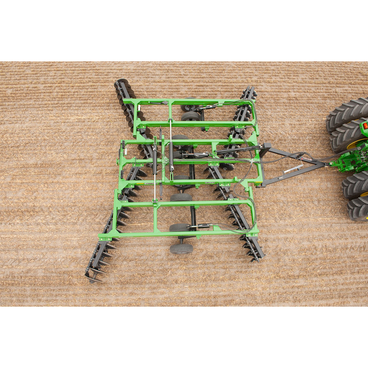 Overhead view of a Frontier Tandem 51 Series Disk Harrow in the field
