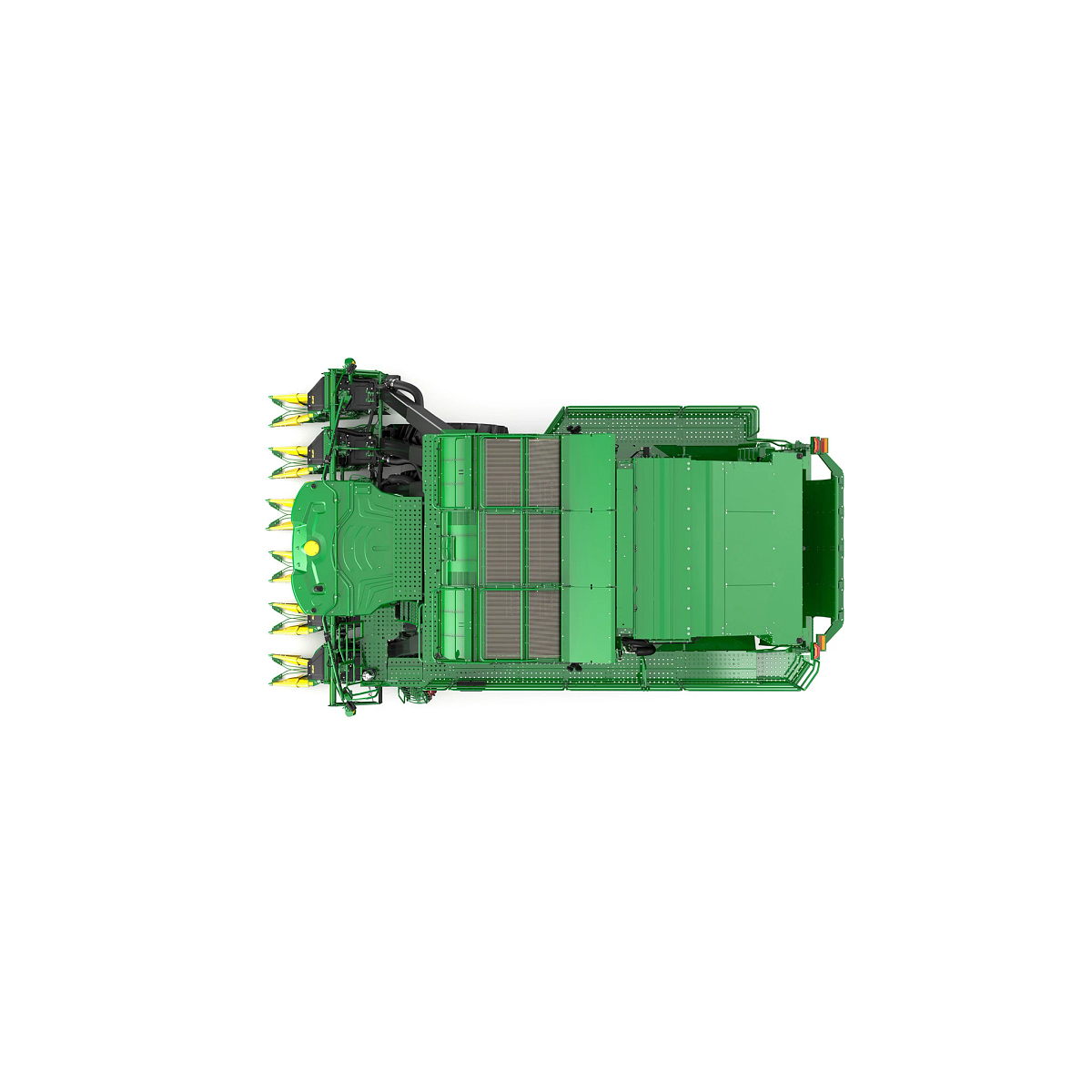 Top-down view of a John Deere CP770 cotton picker, showing the harvesting header, operator cab, engine compartment, and onboard cotton storage system.