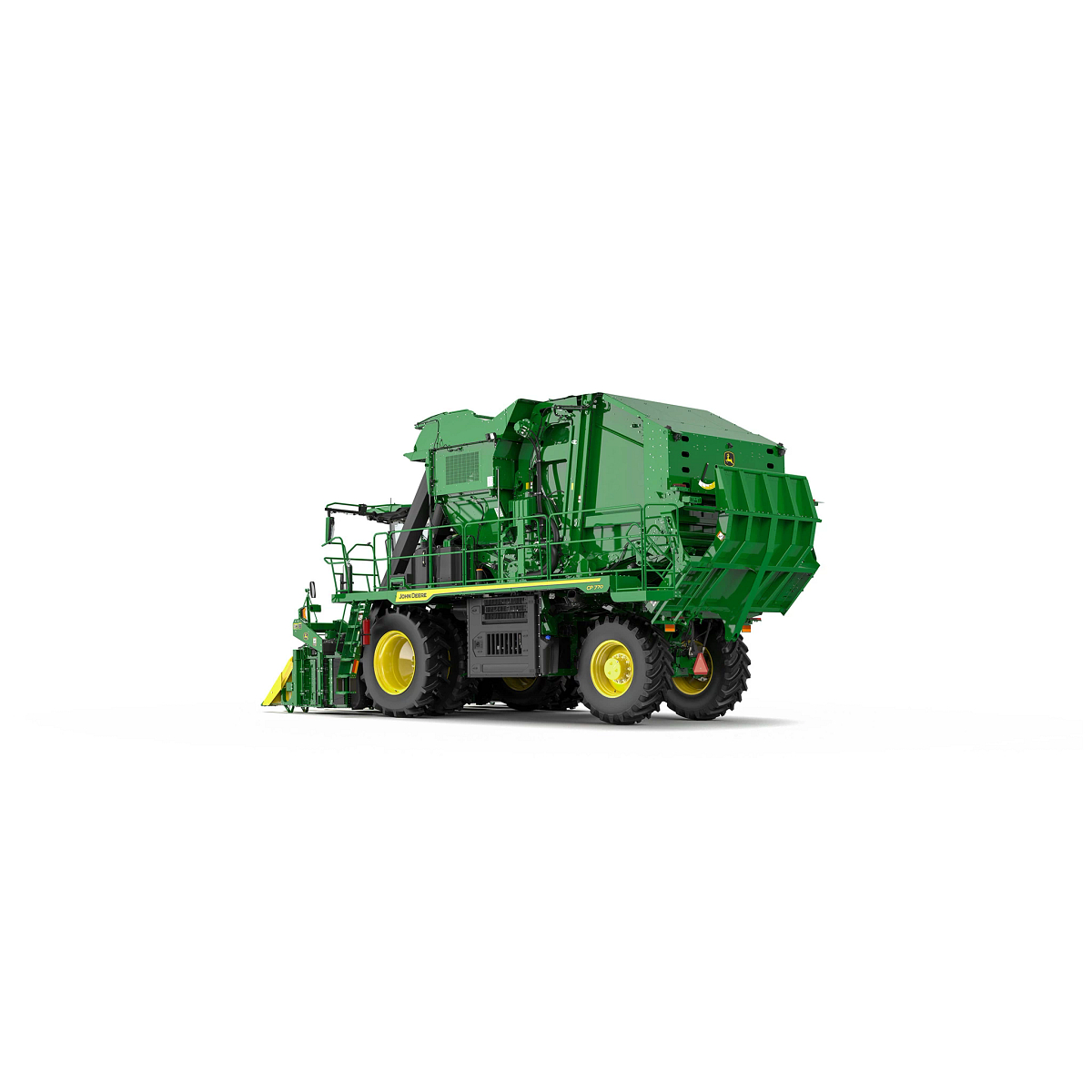 Green CP770 Cotton Picker shown from a rear-side angle, featuring large tires, an enclosed operator cab, and a yellow-row crop header partially visible on a white background.