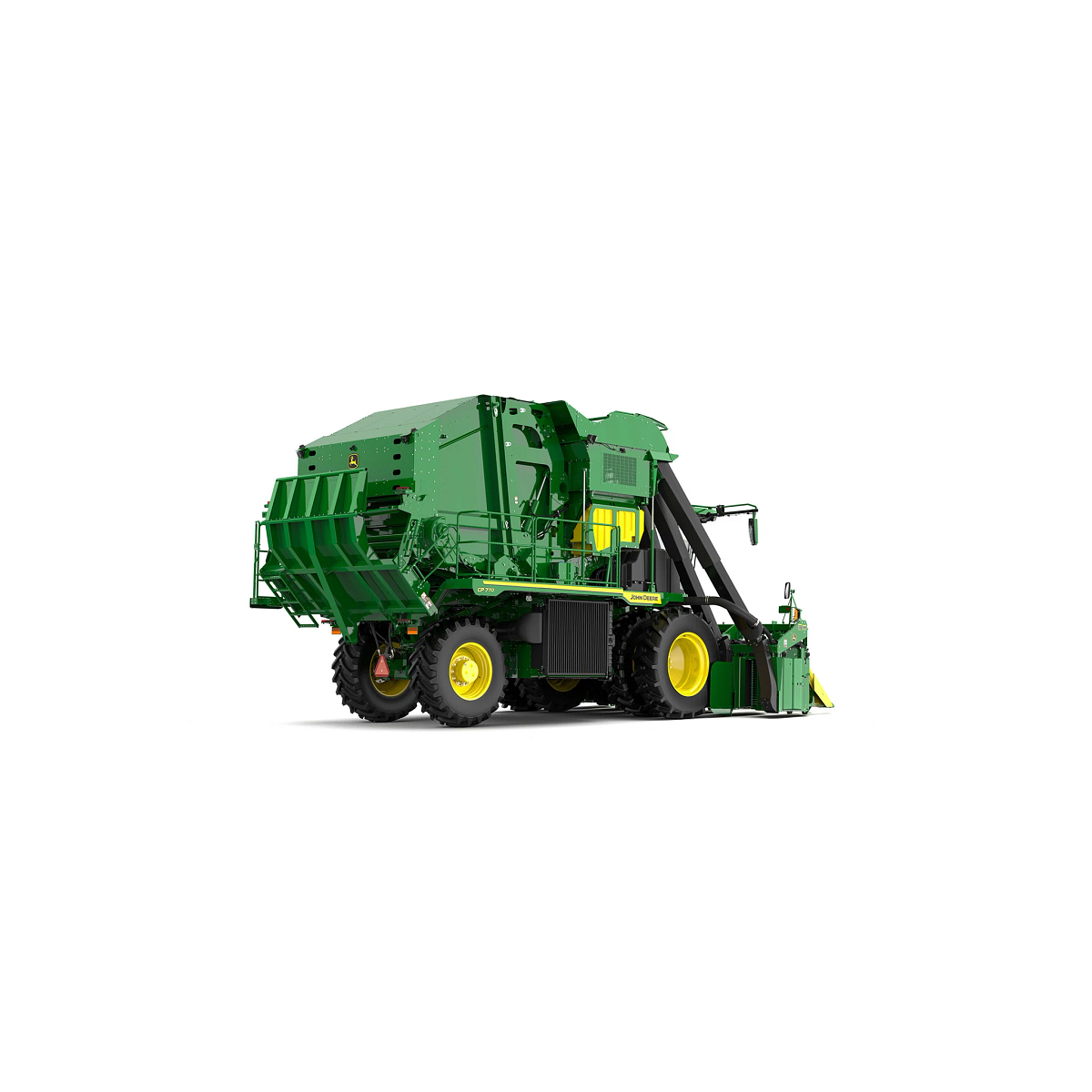 Green CP770 Cotton Picker shown from a rear-side angle, featuring large yellow wheels, an enclosed operator cab, and a crop header visible at the front on a white background.
