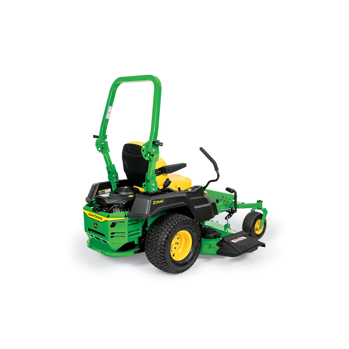 A rear-right-facing studio shot of a green zero-turn mower on a white background.