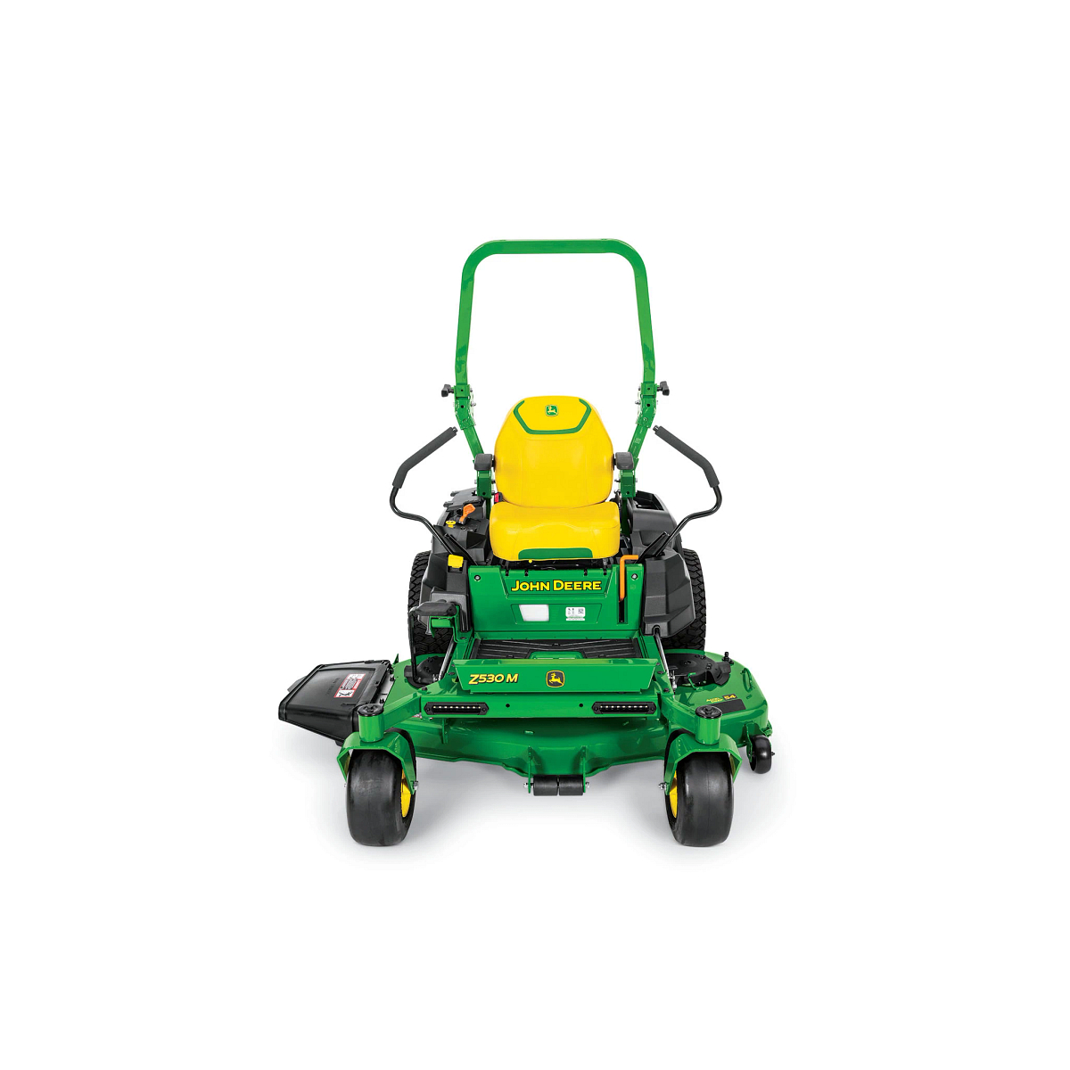 A front-facing studio shot of a green zero-turn mower on a white background.