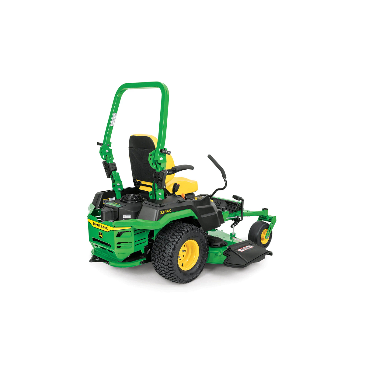 A rear-right-facing studio shot of a green zero-turn mower on a white background.