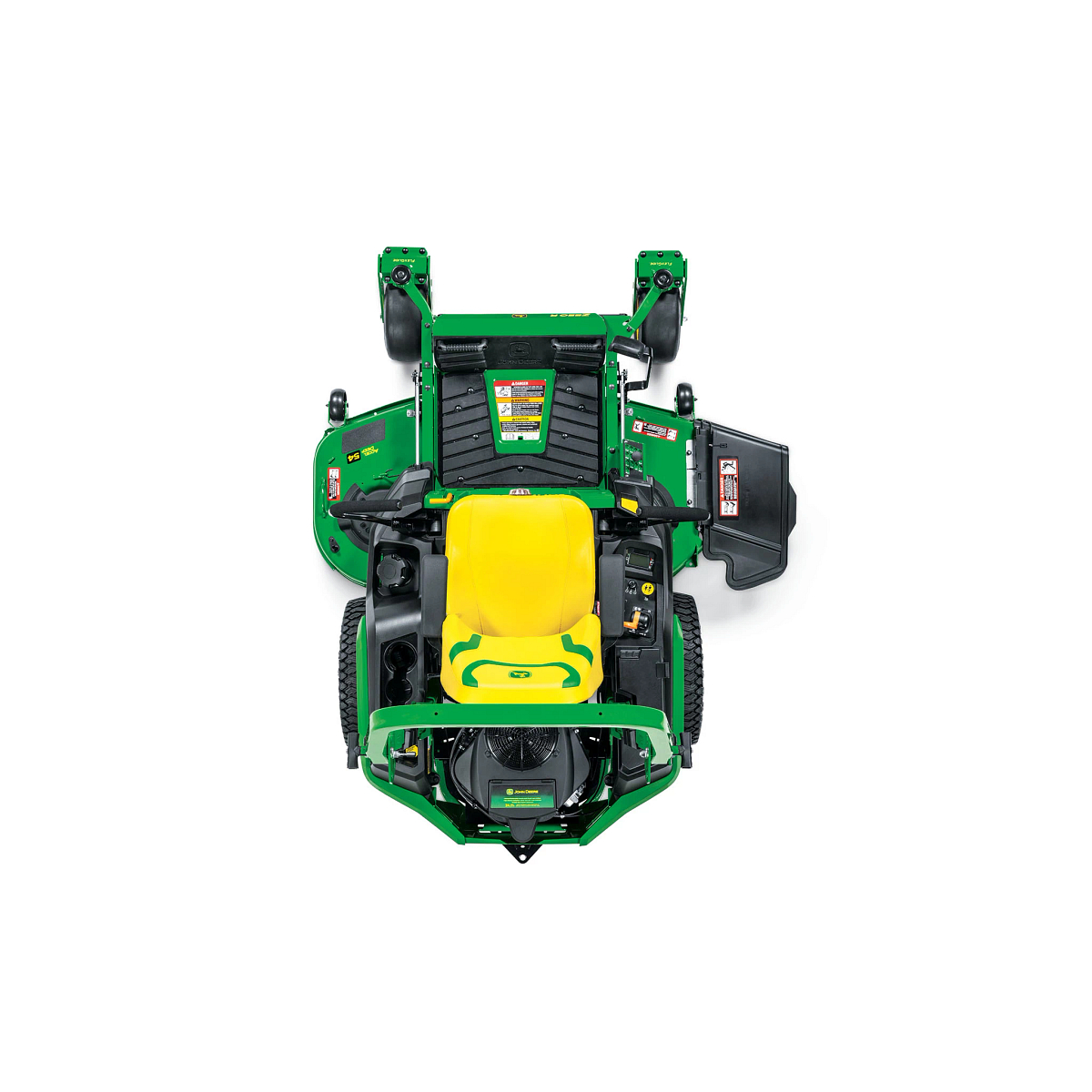 A top-down-facing studio shot of a green zero-turn mower on a white background.