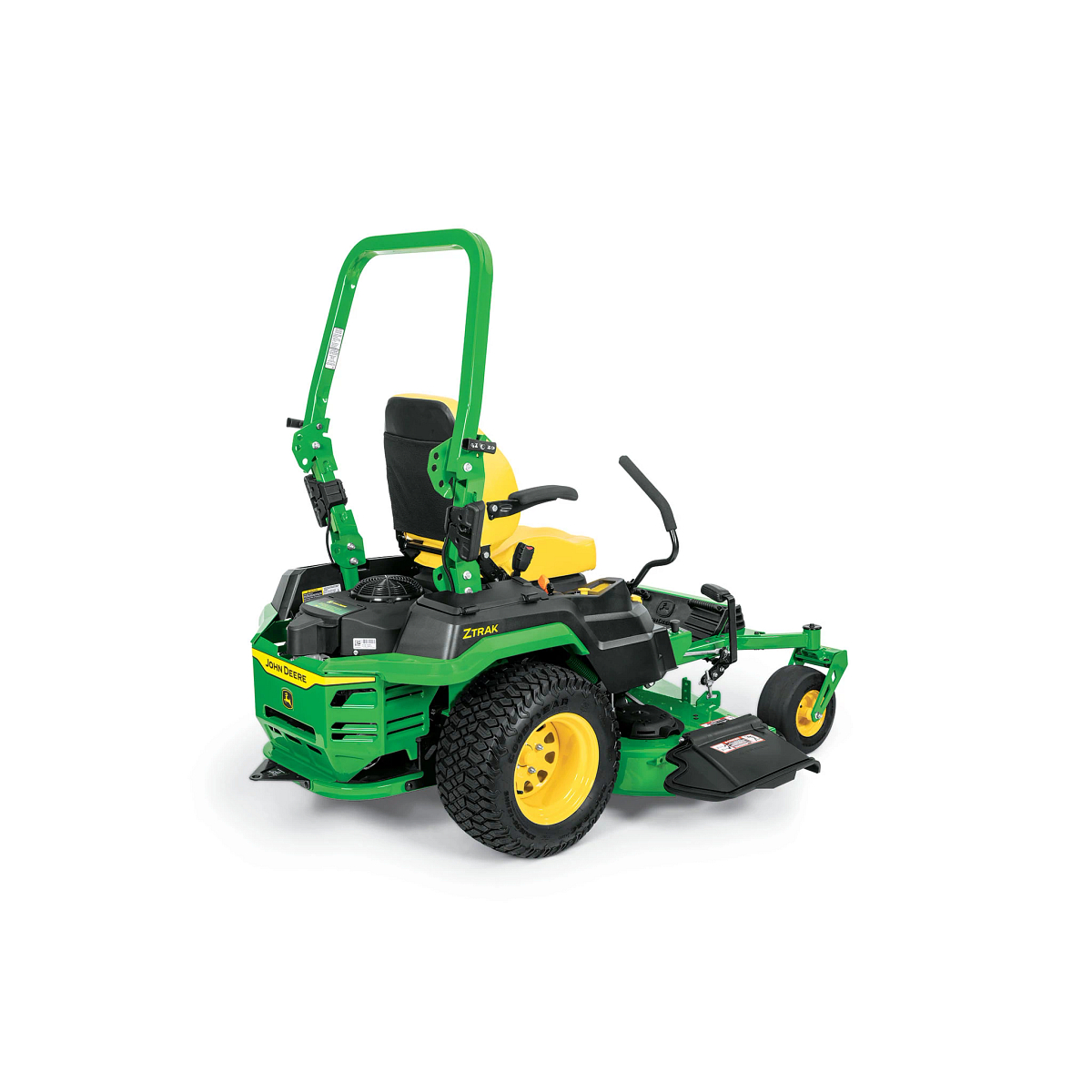 A rear-right-facing studio shot of a green zero-turn mower on a white background.