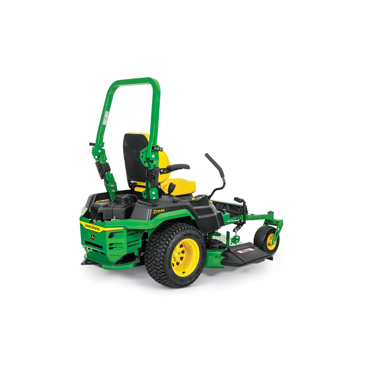 A rear-right-facing studio shot of a green zero-turn mower on a white background.
