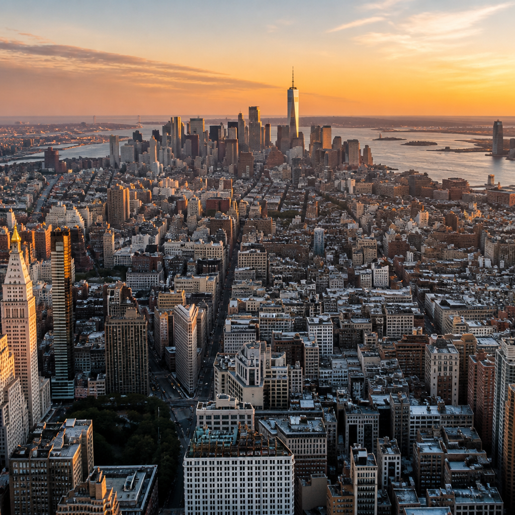 Expansive aerial view of Manhattan's skyline and urban landscape