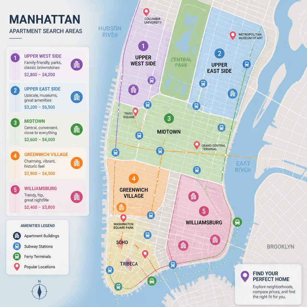 NYC neighborhood map with color-coded areas for apartment search and relocation planning