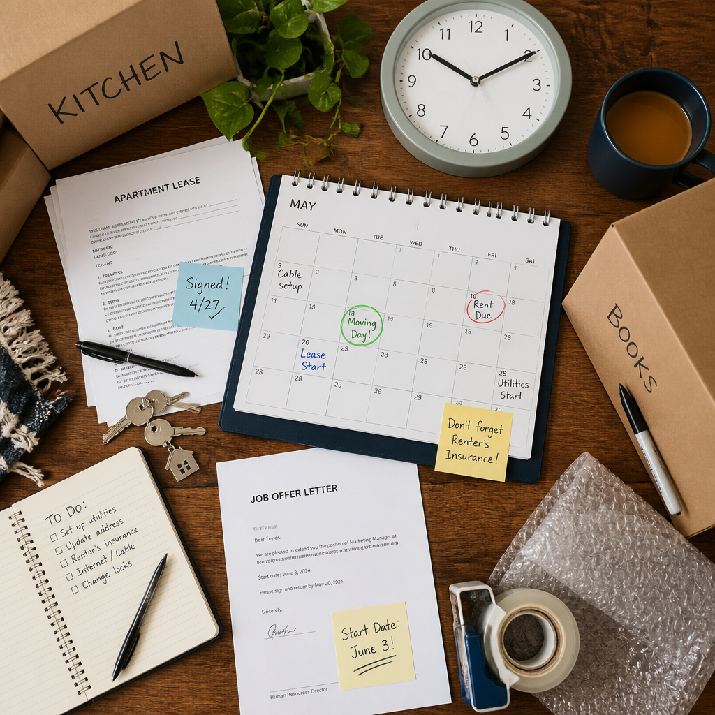 Organized moving materials including boxes, lease documents, and timeline markers for NYC relocation