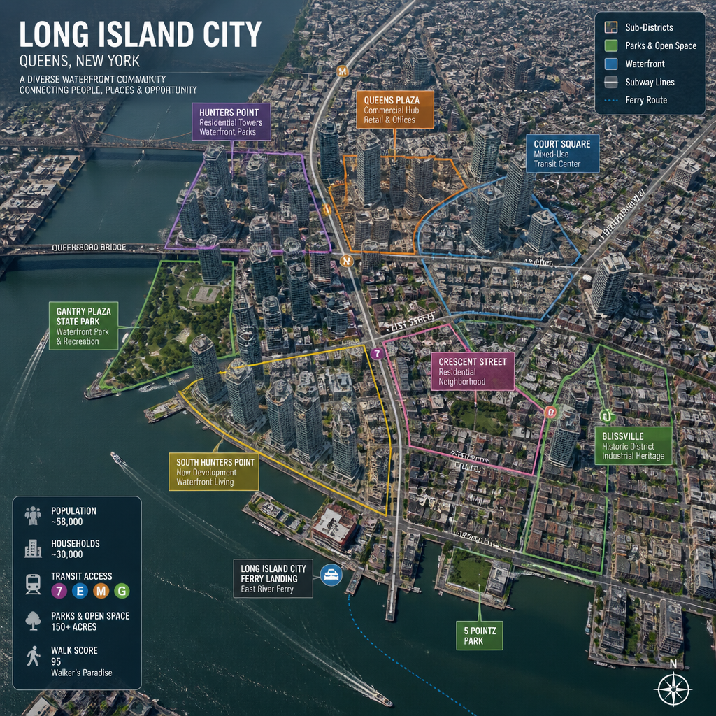 Aerial neighborhood map view of Long Island City showing residential areas, parks, and transit infrastructure