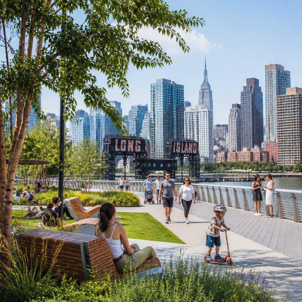 Long Island City waterfront park with public spaces, landscaping, and community recreational areas