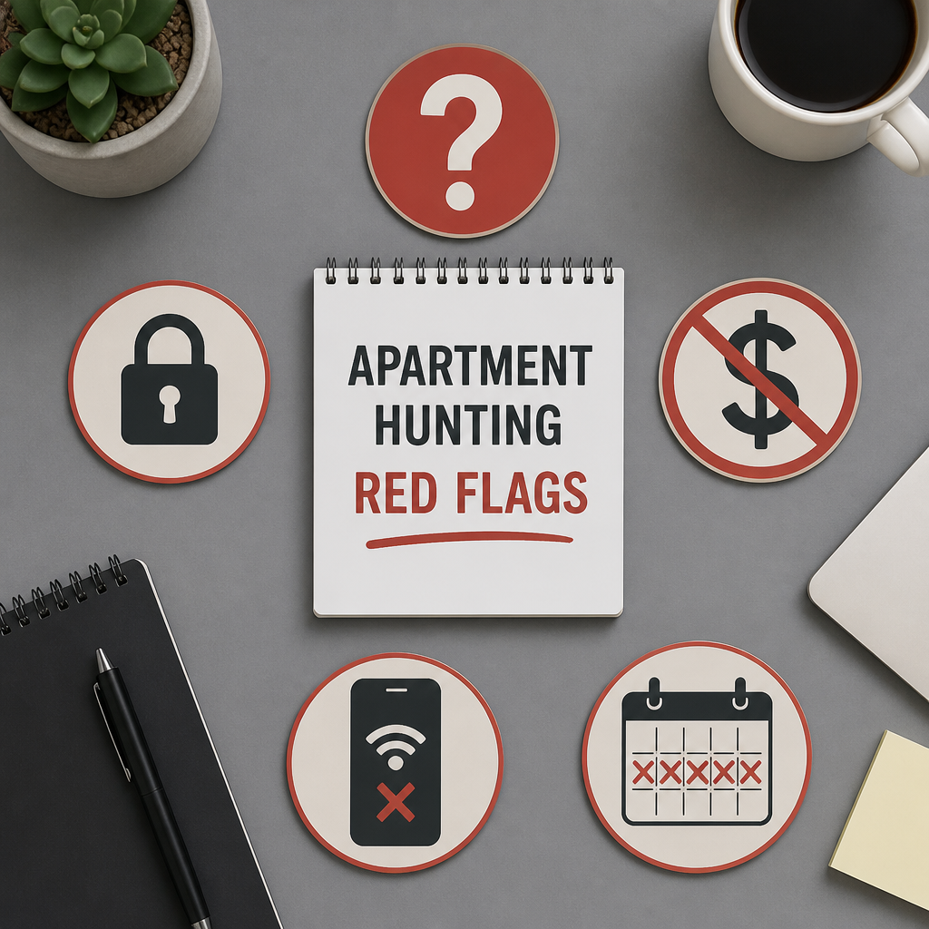 Arranged apartment hunting warning symbols on a desk in flat lay