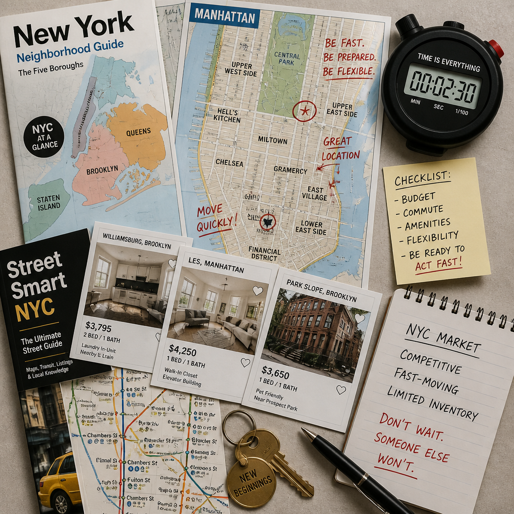 NYC maps, listings cards, and clock representing the fast-paced competitive rental market