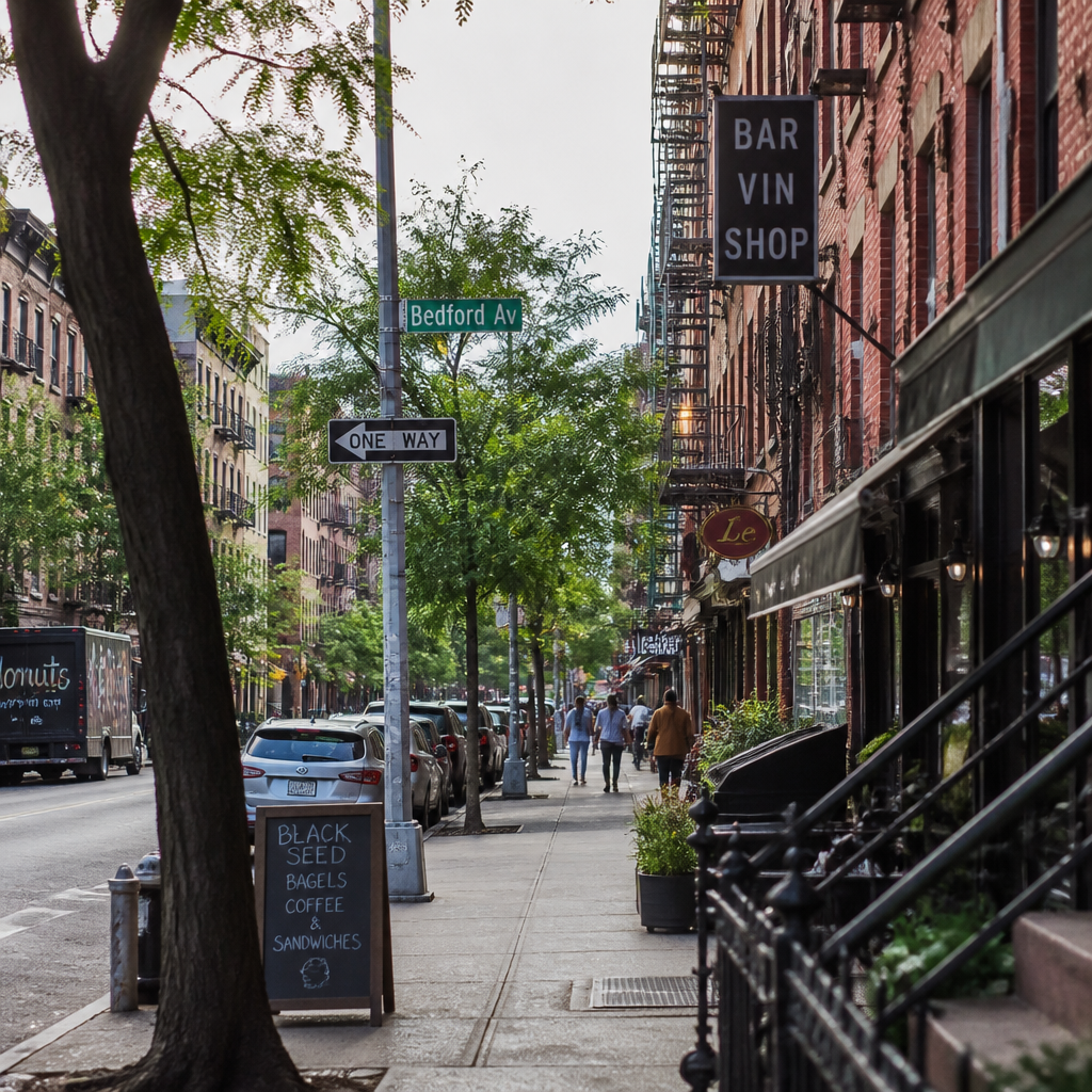 NYC neighborhood street view showing brownstones, storefronts, and pedestrians on a typical day