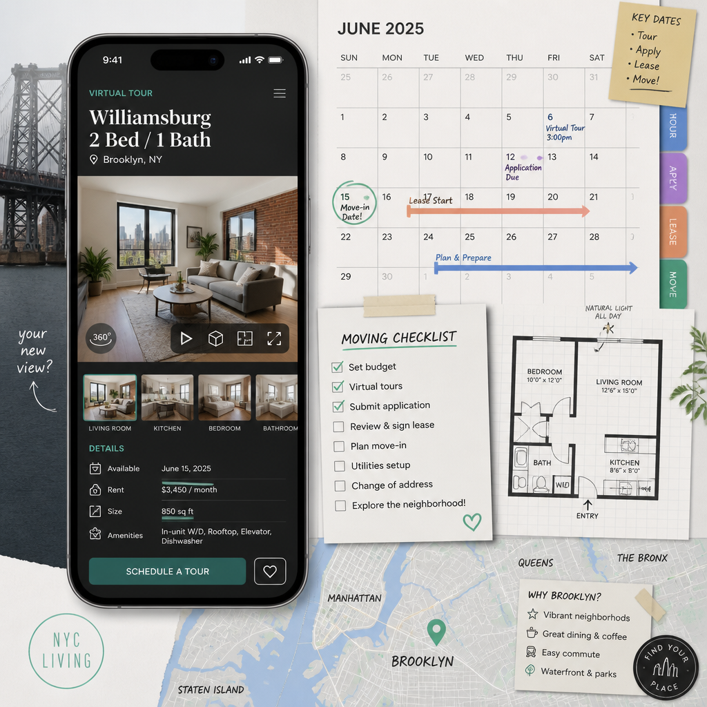 Digital collage of virtual tour interface, timeline calendar, checklist, and NYC borough maps