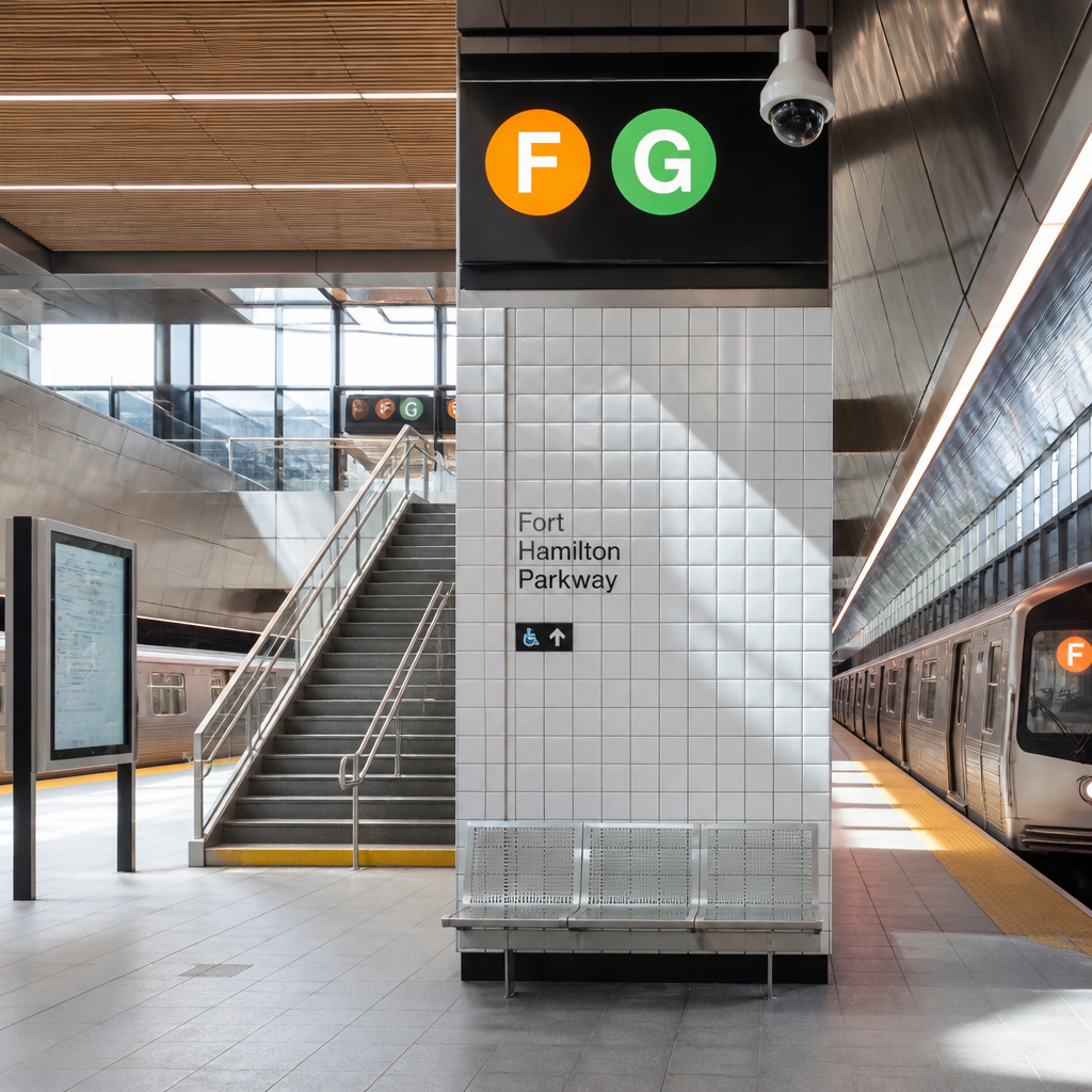 NYC subway station with F and G train signs displaying modern platform design
