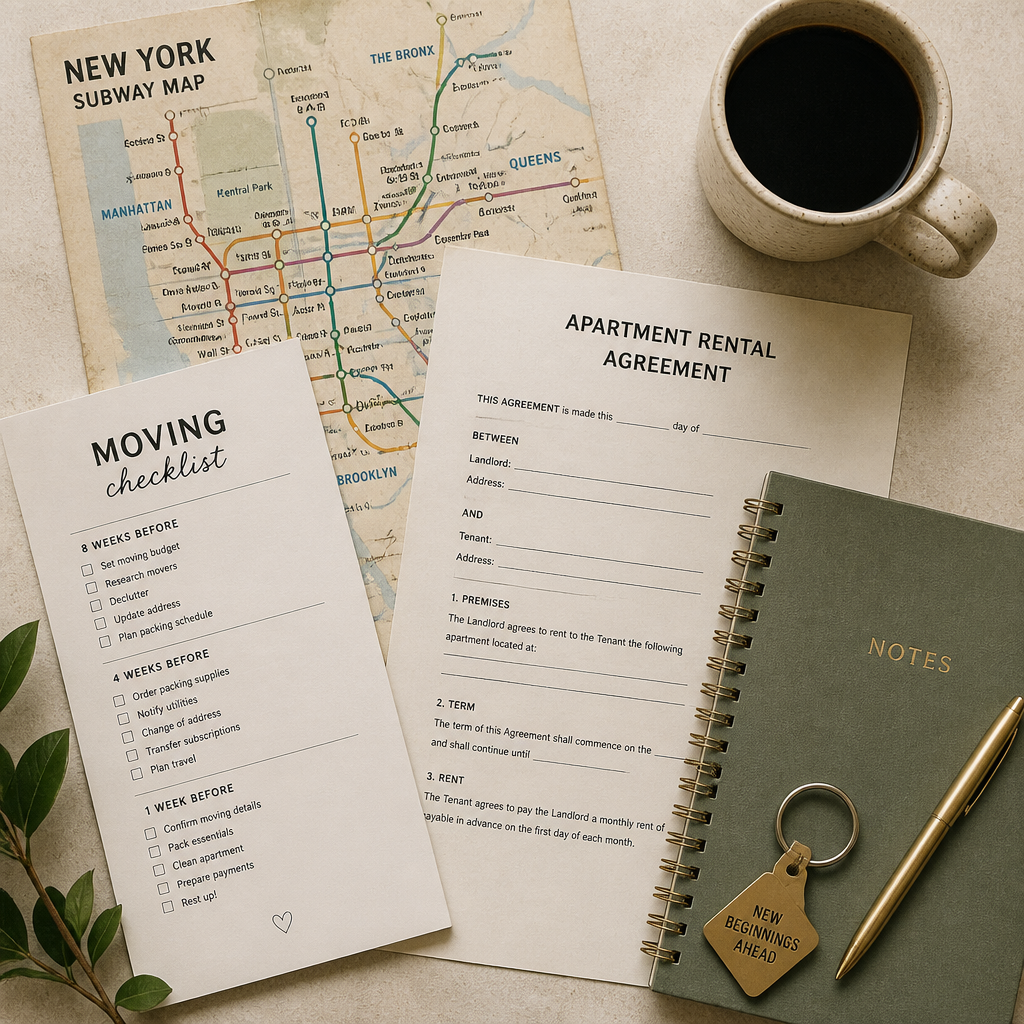 Flat lay arrangement of New York relocation essentials including transit map and rental documents