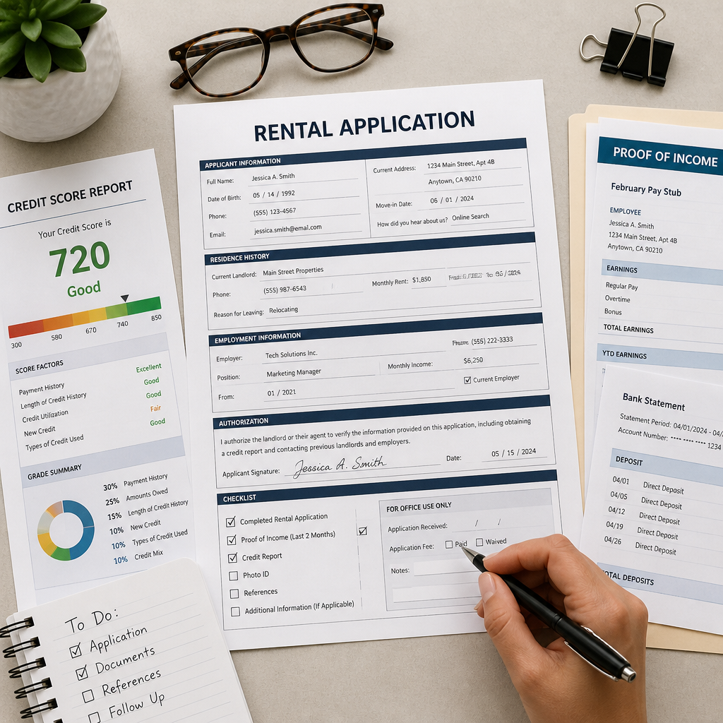 Rental application checklist with completed forms and required documents laid out