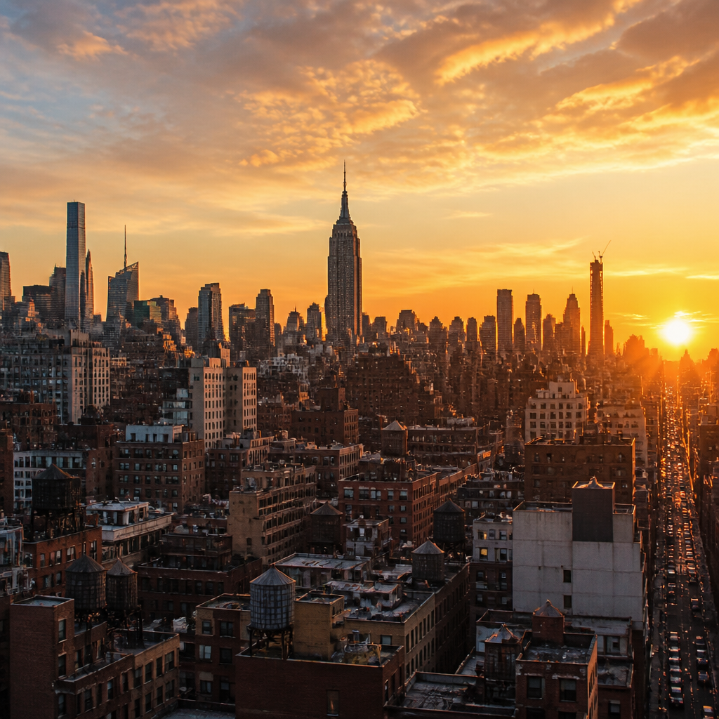 NYC skyline with tall apartment buildings during golden hour