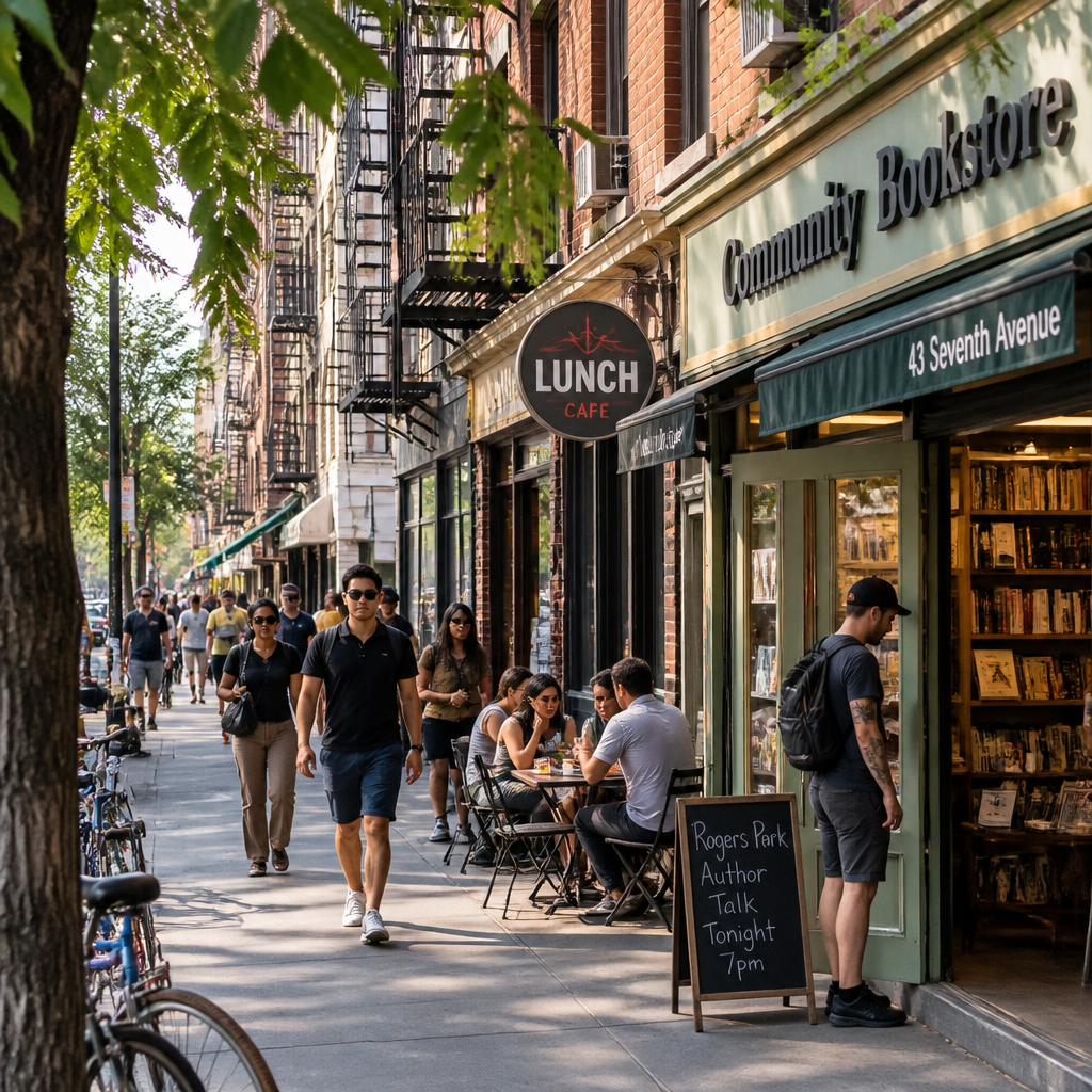 Bustling NYC neighborhood street with local cafes and community spaces for remote workers