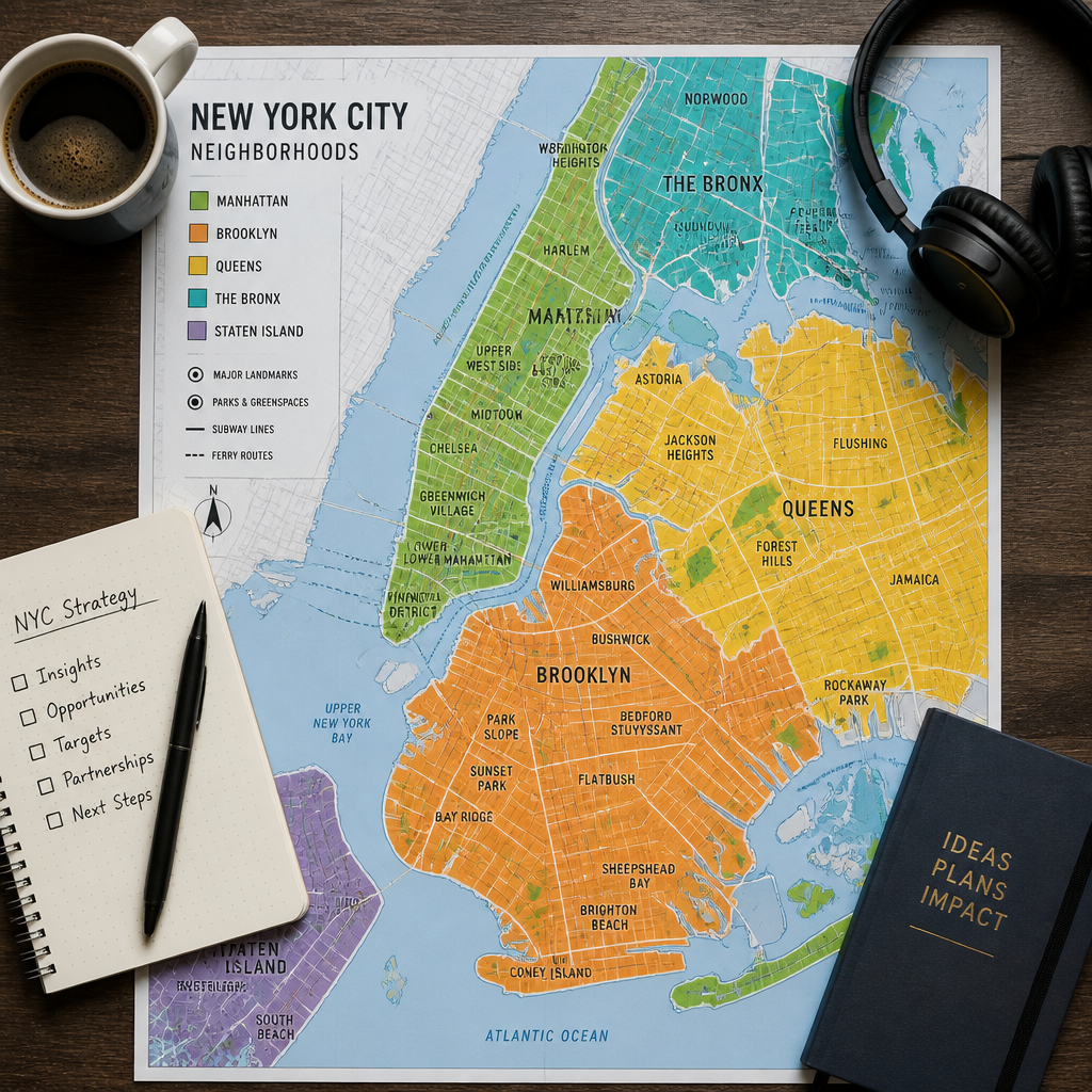 Aerial view of NYC neighborhood map with coffee and work essentials for remote planning